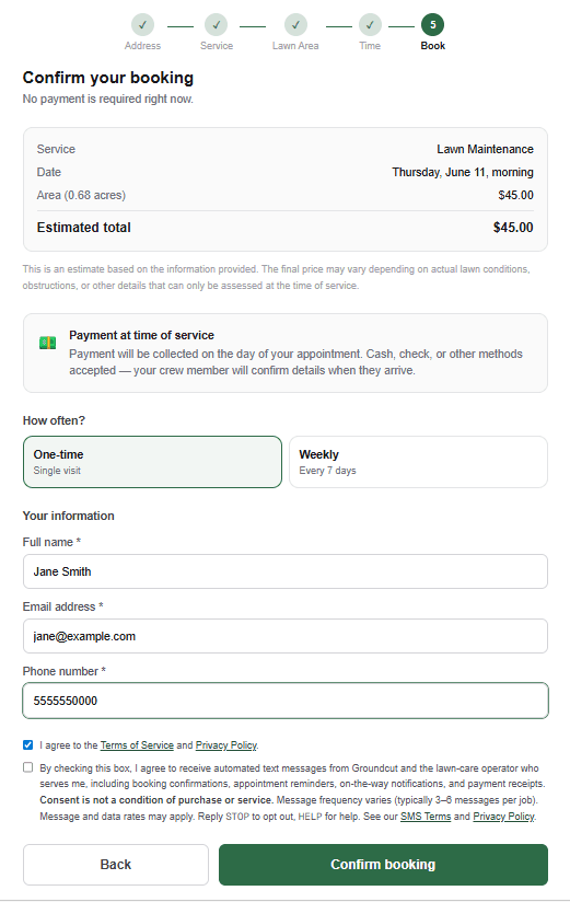 GroundCut booking-page confirm step showing two unchecked consent checkboxes (Terms of Service / Privacy Policy and SMS opt-in) above a disabled Confirm booking button.